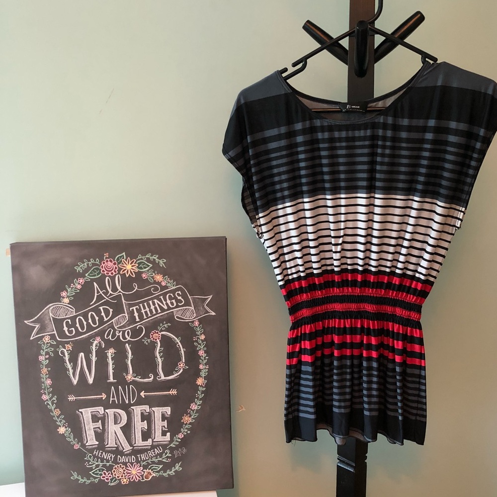 Striped red white black grey stretch dress shirt S